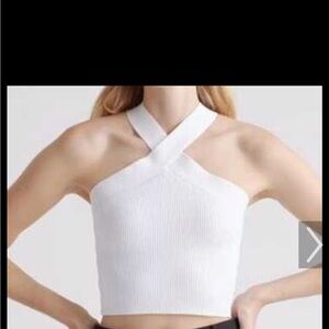 Babaton White Ribbed Cross-Back Crop Top